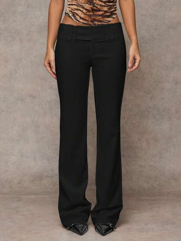 SHEIN BAE Women Plain Color Casual/Fashionable Outing/Versatile Casual/Old Money Style Patch Pocket Wide Waistband Simple Commute Office Low-Waist Loose Wide Leg Pants, Autumn/Winter Women Pants, Pants, Women's Dress Pants, Work Wear, Vintage Style Leopard Print