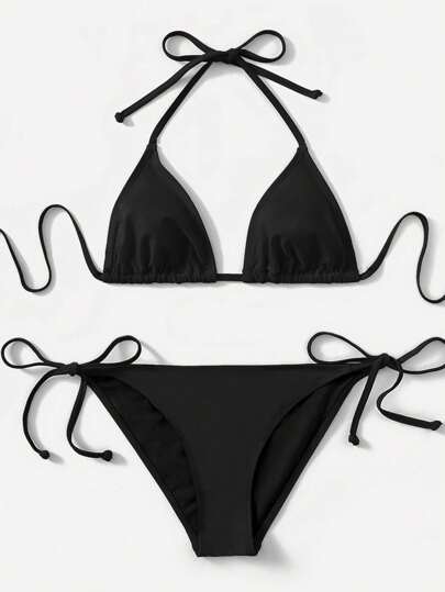 SHEIN Swim Set de 2 piezas de bikini con top halter y Bottom con lazo, unicolor, para vacaciones de verano en la playa