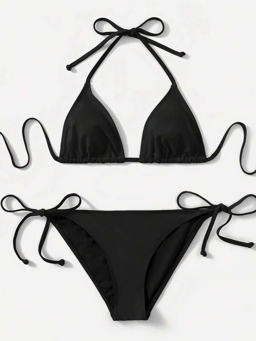 SHEIN Swim 2pcs 2025 Solid Color Halter Top & Tie Back Bottom Bikini Set, For Summer Beach Vacation