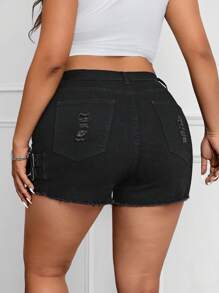 SHEIN EZwear 大码女式口袋磨损下摆可调节带扣设计休闲牛仔短裤 - 黑色 - 查看 2