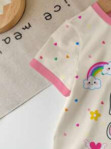 SHEIN Camiseta de manga corta y cuello redondo informal con estampado de conejo de dibujos animados, adecuada para el verano