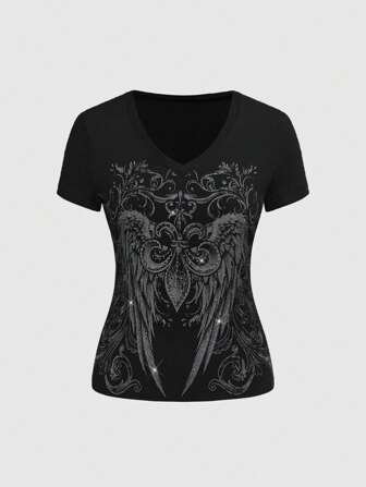 Grunge Punk Women Y2K Grunge Style Wing & Cross Rhinestone Embellished T-Shirt
