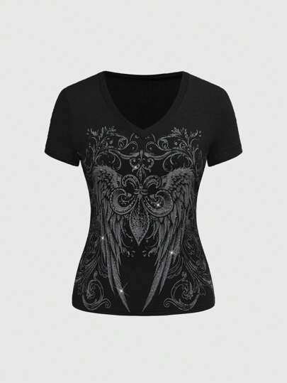 Grunge Punk Camiseta con alas y cruz con decoración de strass, en estilo Y2K grunge para mujeres