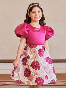 SHEIN 2pcs Girls Slim Fit Adorable Puff Sleeve Rhinestone Embellished Round Neck Shirt And Jacquard Skirt Set - Hot Pink - View 1