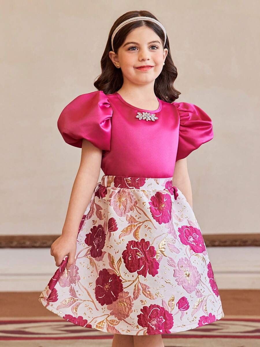 SHEIN 2pcs Girls Slim Fit Adorable Puff Sleeve Rhinestone Embellished Round Neck Shirt And Jacquard Skirt Set - Hot Pink - View 1