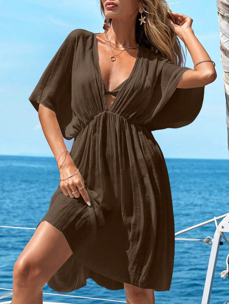 Swim Vcay Beach Vacation Solid Color Batwing Sleeve Coverup Dress For Summer