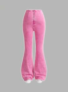 SHEIN EZwear 女式紧身牛仔裤休闲弹力喇叭裤，粉色，夏季/夏季/夏季，春季/女士春季，女士海滩/海滩，女士早午餐，春假/春假，女士音乐会/狂欢节/乡村音乐会/伊比沙岛/纳什维尔 - 粉色 - 查看 2