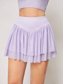 Activina Minimalist Solid Color Ruched Double Layer Sports Skirt Shorts - Purple - View 1
