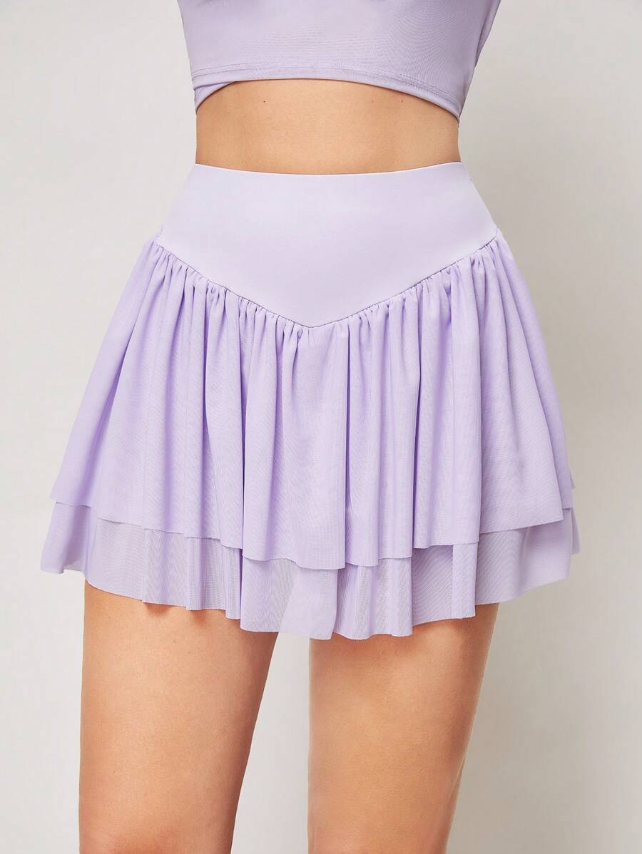 Activina Minimalist Solid Color Ruched Double Layer Sports Skirt Shorts - Purple - View 1