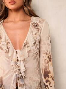 SHEIN BAE 女士前系带长袖印花休闲衬衫，度假 - 杏色 - 查看 6