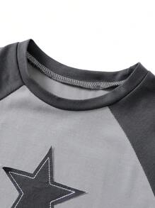 SHEIN Top casual la modă pentru fete tinere, cu mânecă scurtă, cu broderie de stele, raglan, potrivit pentru vară, de zi cu zi, timp liber, călătorii și vacanță