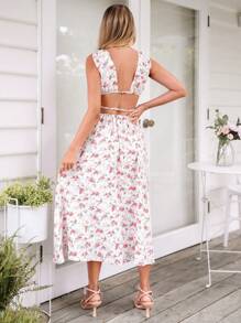 SHEIN VCAY Women's Elegant Ditsy Floral Backless Sleeveless Midi Dress,Floral Dress Women,Floral Dress Women,Elegant - White - View 2