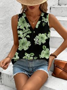 SHEIN LUNE Casual Minimalist Floral Print Loose Fit Plus Size Shirt, Suitable For Spring/Summer Suitable For Going Out - Green - View 2