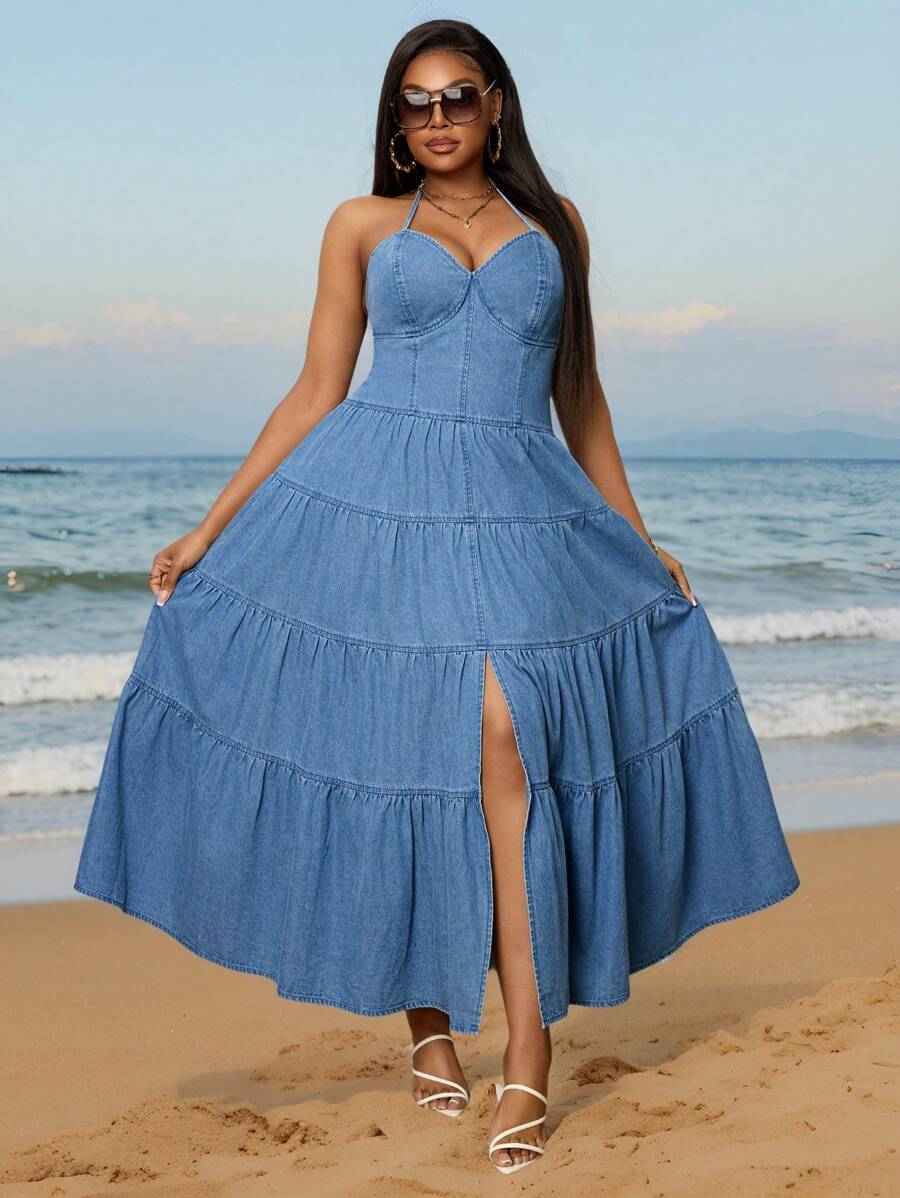 SHEIN SXY Plus Size Bohemian Style Denim Suspender High-Low Ruffle Dress - Blue - View 1