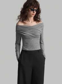 Ontre 2025 New Women's Long Sleeve Solid Grey Crossover Off Shoulder Pleated Fitted Top, Spring/Summer Holiday Clothing, Valentine's Day