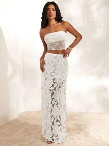 Opulessa Plain Woven Lace Mermaid Skirt For Women - White - View 4
