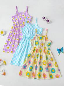 SHEIN Juego de 3 piezas para niñas con camiseta de tirantes, vestido y estampado de unicornio y helado, cómodo, adecuado para fiestas infantiles, vacaciones, verano, regalo de conjunto para hermana. - Multicolor - Ver 1