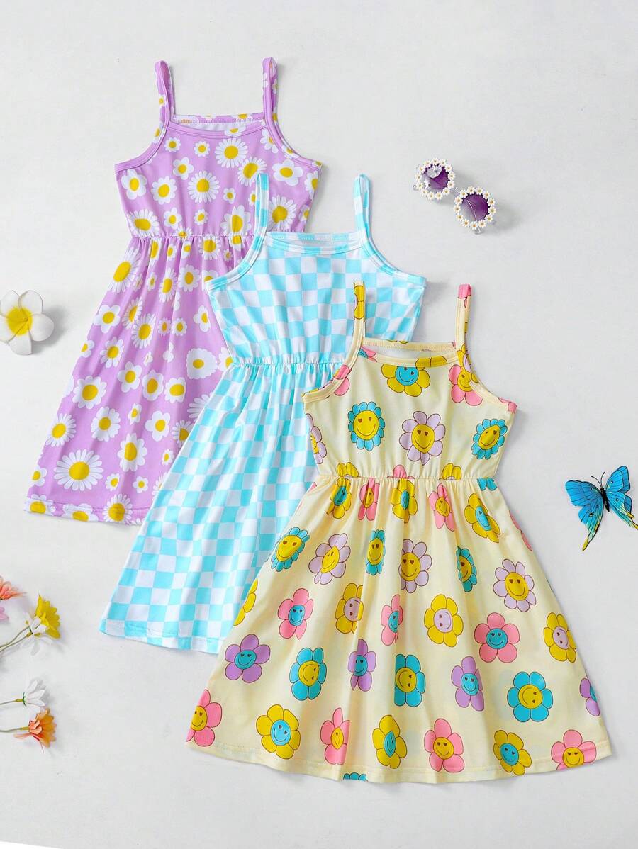 SHEIN Juego de 3 piezas para niñas con camiseta de tirantes, vestido y estampado de unicornio y helado, cómodo, adecuado para fiestas infantiles, vacaciones, verano, regalo de conjunto para hermana. - Multicolor - Ver 1