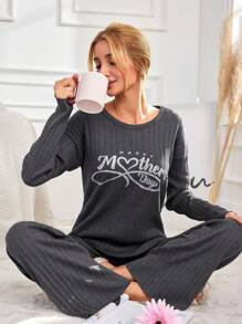 RueChic 100%Cotton Letter Graphic Drop Shoulder Tee & Pants Lounge Set - Dark Grey - View 1