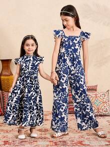 SHEIN Leap Crew Tween Girl Casual Backless Butterfly Print Ruffle Sleeve Jumpsuit - Blue - View 2