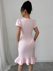 Elenzga Vestido elegante con cuello redondo, mangas abullonadas, volantes y cintura adornada con cuentas para mujeres de talla estándar