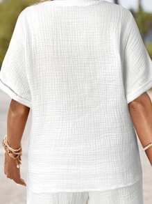 SHEIN LUNE Women's Paisley Embroidered Drop Shoulder Bohemian Textured V-Neck Shirt With Drawstring Waist Shorts 2 Pieces Set