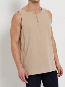 Manfinity Dauomo Men's Plain Button Half Placket Round Neck Casual Top - Khaki - View 5