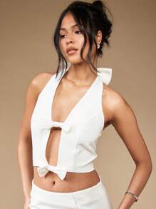 MISSGUIDED Halter Bow Tie Waistcoat Crop Top Summer Festival Party Club Wear Sleeveless Fashion Vest - White - View 3