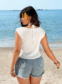 Flirla 大码女式撞色蕾丝修身短袖 T 恤