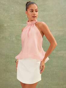 L'Amorae Elegant High Neck Bubble Hem Backless Summer Tops, Vacation - Baby Pink - View 1