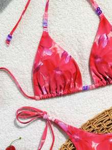 Swim Vcay 女士夏季沙滩装，印花系带串珠吊带露背三角比基尼套装