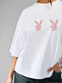 Missguided x Playboy Oversized T-Shirt mit doppeltem Hasen-Kopf und Drop-Shoulder-Schnitt - Weiss - Übersicht 6