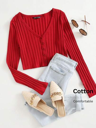 SHEIN EZwear v領紐扣羅紋上衣