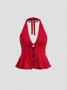 SHEIN Unity 纯色可爱蝴蝶结甜美女士针织毛衣，日常穿着 - 酒紅色 - 查看 1