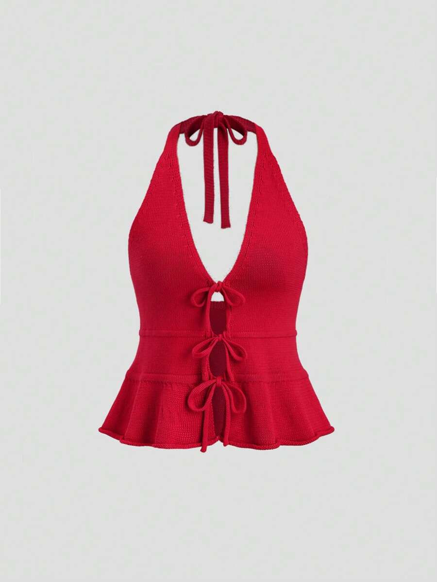 SHEIN Unity 纯色可爱蝴蝶结甜美女士针织毛衣,日常穿着 - 酒紅色 - 查看 1