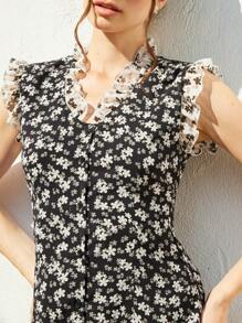 Aveloria 女式法式黑白雪纺碎花迷你连衣裙，荷叶边下摆和腰线，波西米亚风度假时尚风格，全身印花，适合夏季春秋季