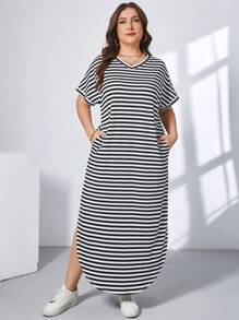 SHEIN Essnce Plus-Size Women's Casual Dress, Long Dress, Striped Short-Sleeved Summer Dress, 2 Pockets Summer Outfits For Women,Easter Dress - Black - View 1