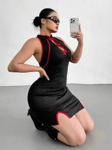 Flirla Plus Size V-Neck Contrast Color Split Hem Graceful Dress, Suitable For Dating, Party - Black - View 4