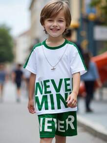 SHEIN Young Boy Casual Big Letter Print Patchwork Short Sleeve T-Shirt And Shorts Set, Spring/Summer