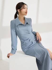 Modelyn 条纹荷叶边领连衣裙 - 藍色 - 查看 6