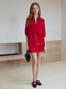 MOTF STUDIO FLOWER APPLIQUES ZIPPER SKIRT - Red - View 4