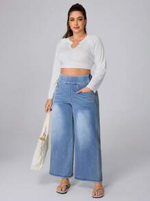 Flexra Plus Size High Stretch Knit Wide Leg Boyfriend Jeans - Baby Blue - View 3