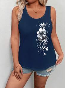 EMERY ROSE Camiseta sin mangas de cuello redondo con estampado floral para mujer de talla grande - Azul Marino - Ver 3