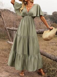 Breezaya Đầm dài đi biển phong cách Bohemian mùa xuân/hè màu trơn cổ chữ V trễ vai tay loe eo viền nhiều lớp viền bèo nhún cho nữ - xanh quân đội - Xem 3