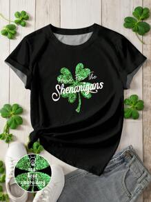 Maria Clara Maia Artist St. Patrick's Day Graphic Glitter Clover Design Women Green Tops, Lucky T-Shirt, Suitable For Summer, Holiday, Festival, Western Wear - Black - View 2