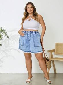 SHEIN CURVE+ Plus Size Women Drawstring Waist Fringe Detail Big Pocket Denim Shorts - Medium Wash - View 10