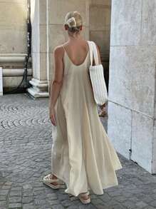 Serisse Đầm suông không tay rộng rãi màu trơn dành cho nữ - Màu be - Xem 6