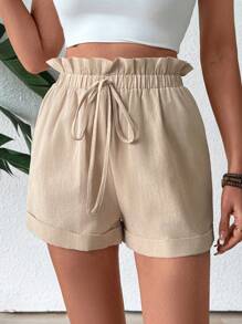 Breezaya Women's Solid Color Front Tie Pleated Casual Shorts - Khaki - View 5