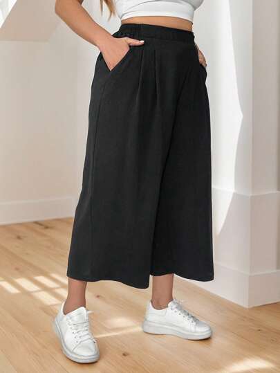 SHEIN Essnce Plus Size Women's Spring And Summer Fashion Casual Loose And Comfortable Daily Basic Black Elastic Waist Cropped Pants Wide Leg Pants,Women Bottom,Summer Outfits For Women,Baggy Pants