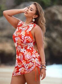 Swim Lushoire Plus Size Women 3-Piece Tropical Leaf Print Tankini Set & Drawstring Sleeveless Cover Up, Hawaii Outfit - Multicolor - View 1